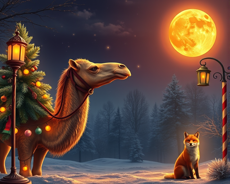 camel, christmas tree, sun, fox, lamp